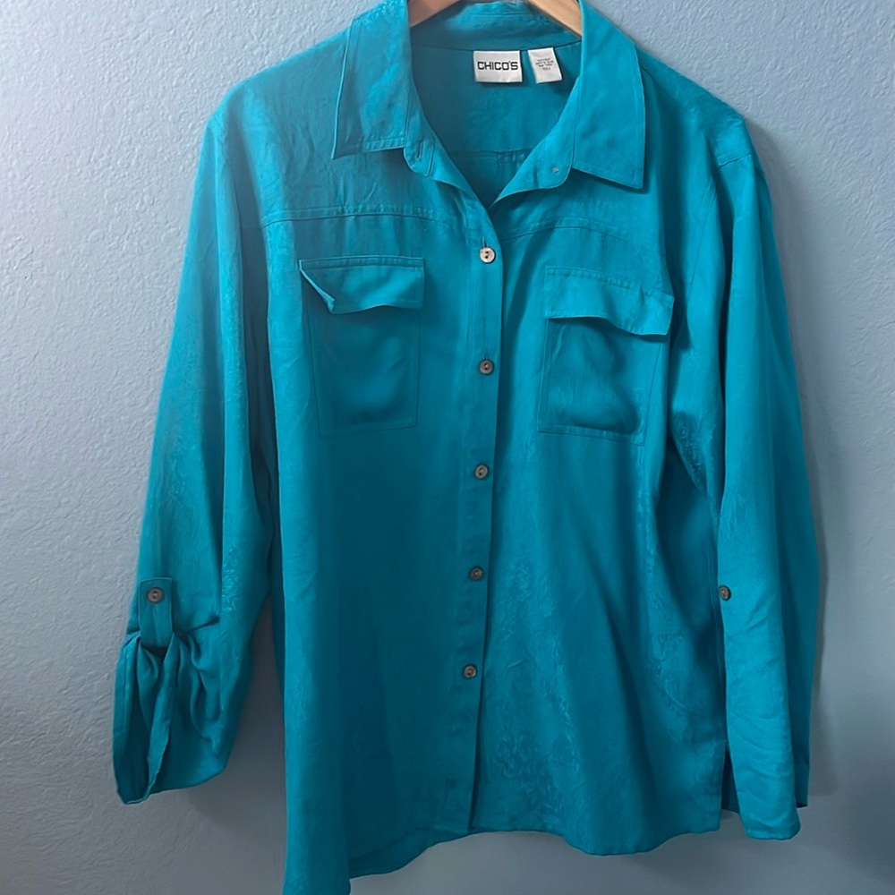 CHICO’S 100% SILK TURQUOISE BLUE BUTTON FRONT COLLAR SLEEVE BLOUSE SHIRT TOP
